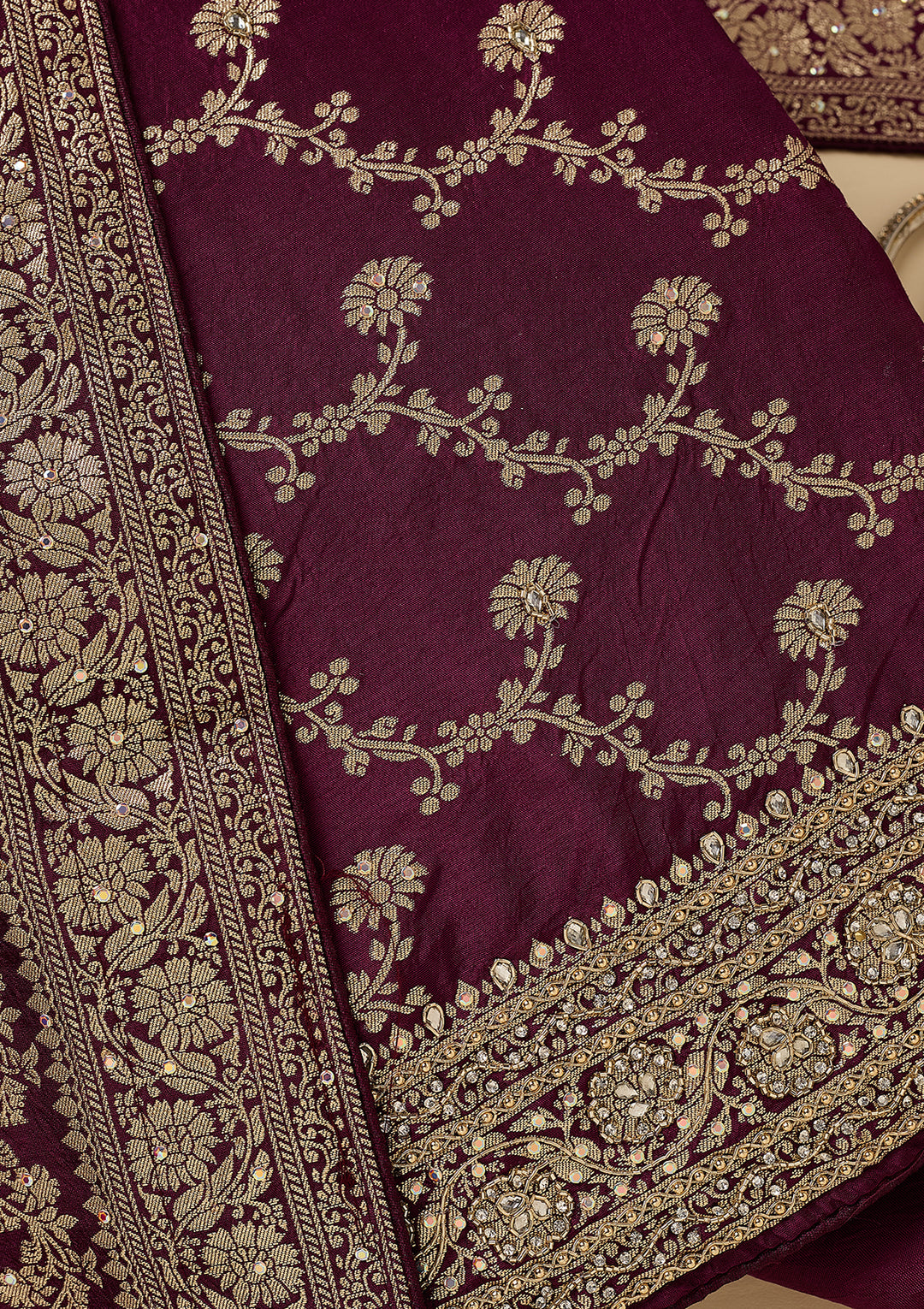 Wine Dola Silk Gold Zariwork Unstitched Dress Material With Matching Bottom And Dupatta