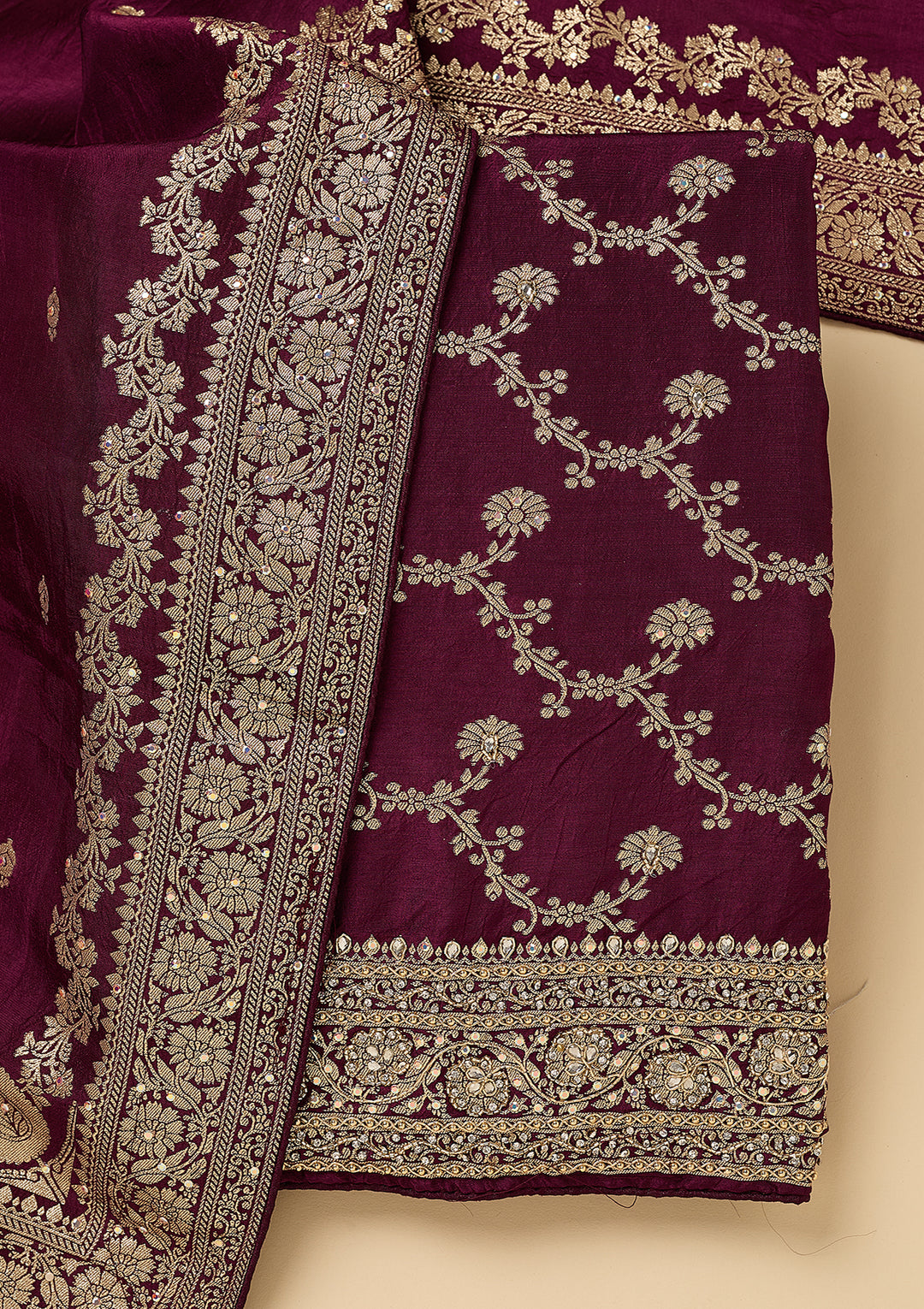 Wine Dola Silk Gold Zariwork Unstitched Dress Material With Matching Bottom And Dupatta