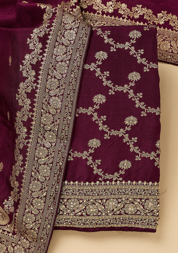 Wine Dola Silk Gold Zariwork Unstitched Dress Material With Matching Bottom And Dupatta