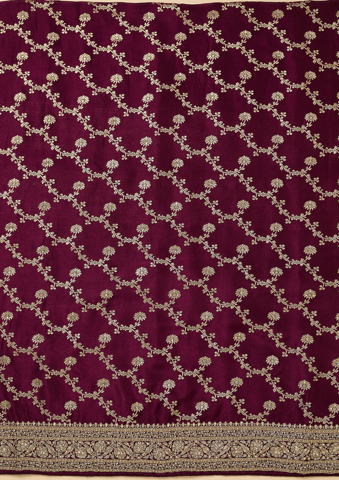 Wine Dola Silk Gold Zariwork Unstitched Dress Material With Matching Bottom And Dupatta