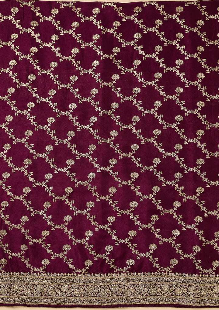 Wine Dola Silk Gold Zariwork Unstitched Dress Material With Matching Bottom And Dupatta