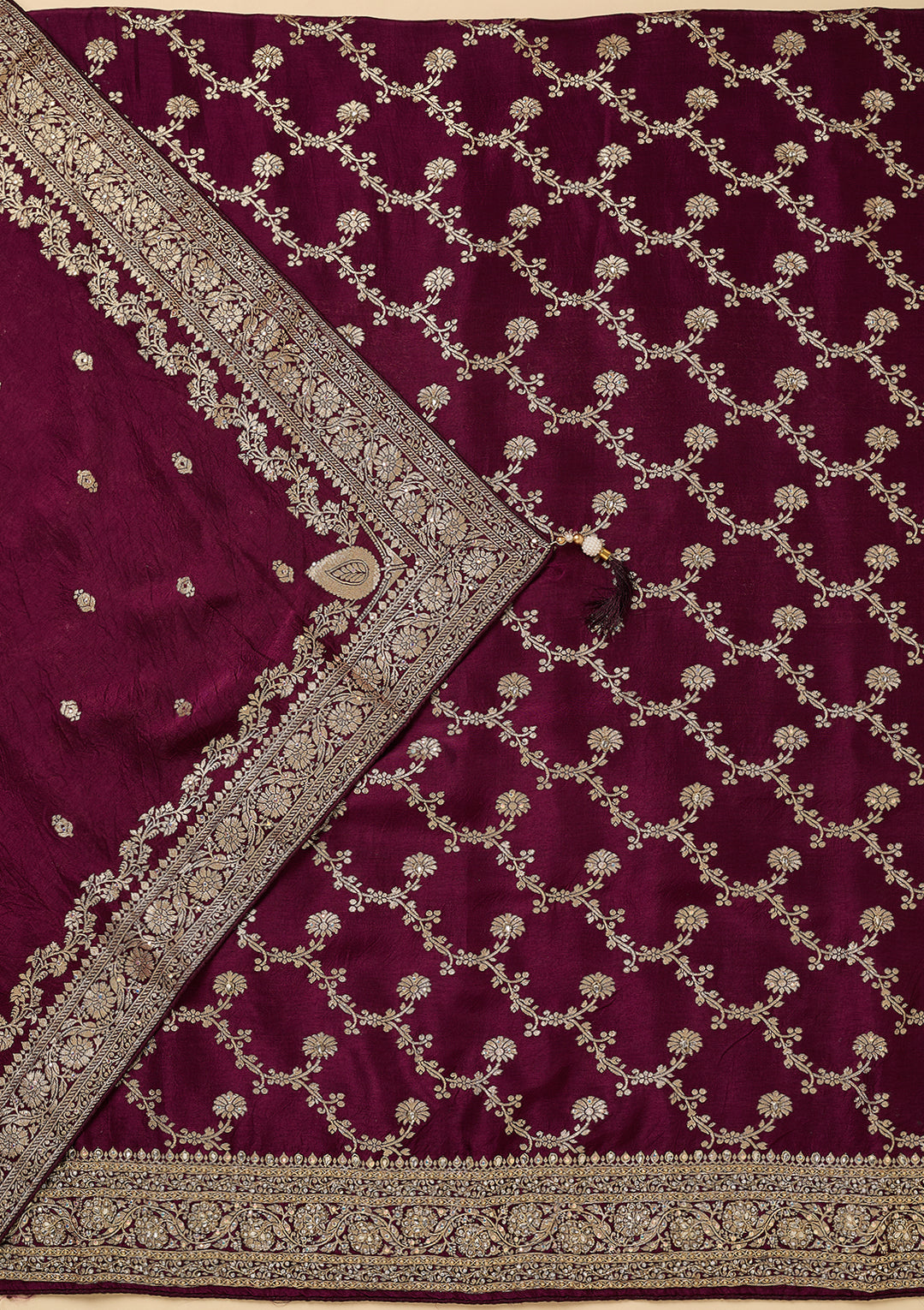 Wine Dola Silk Gold Zariwork Unstitched Dress Material With Matching Bottom And Dupatta