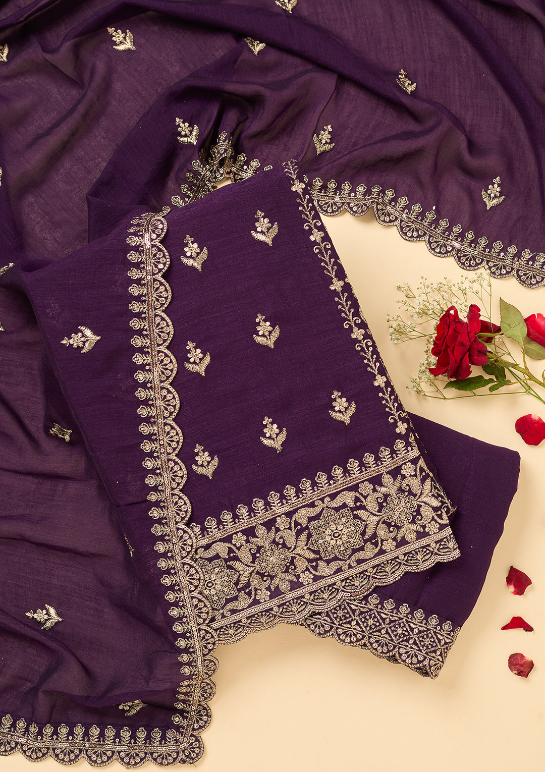 Purple Soft Raw Silk Antique Zariwork Unstitched Dress Material With Matching Bottom And Dupatta