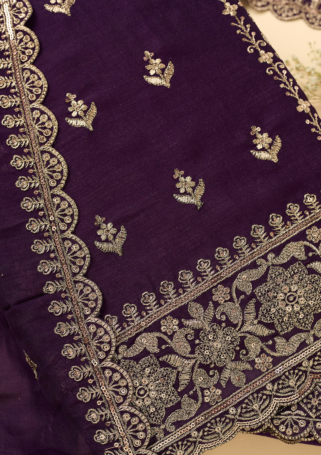 Purple Soft Raw Silk Antique Zariwork Unstitched Dress Material With Matching Bottom And Dupatta
