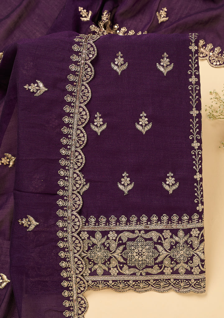 Purple Soft Raw Silk Antique Zariwork Unstitched Dress Material With Matching Bottom And Dupatta