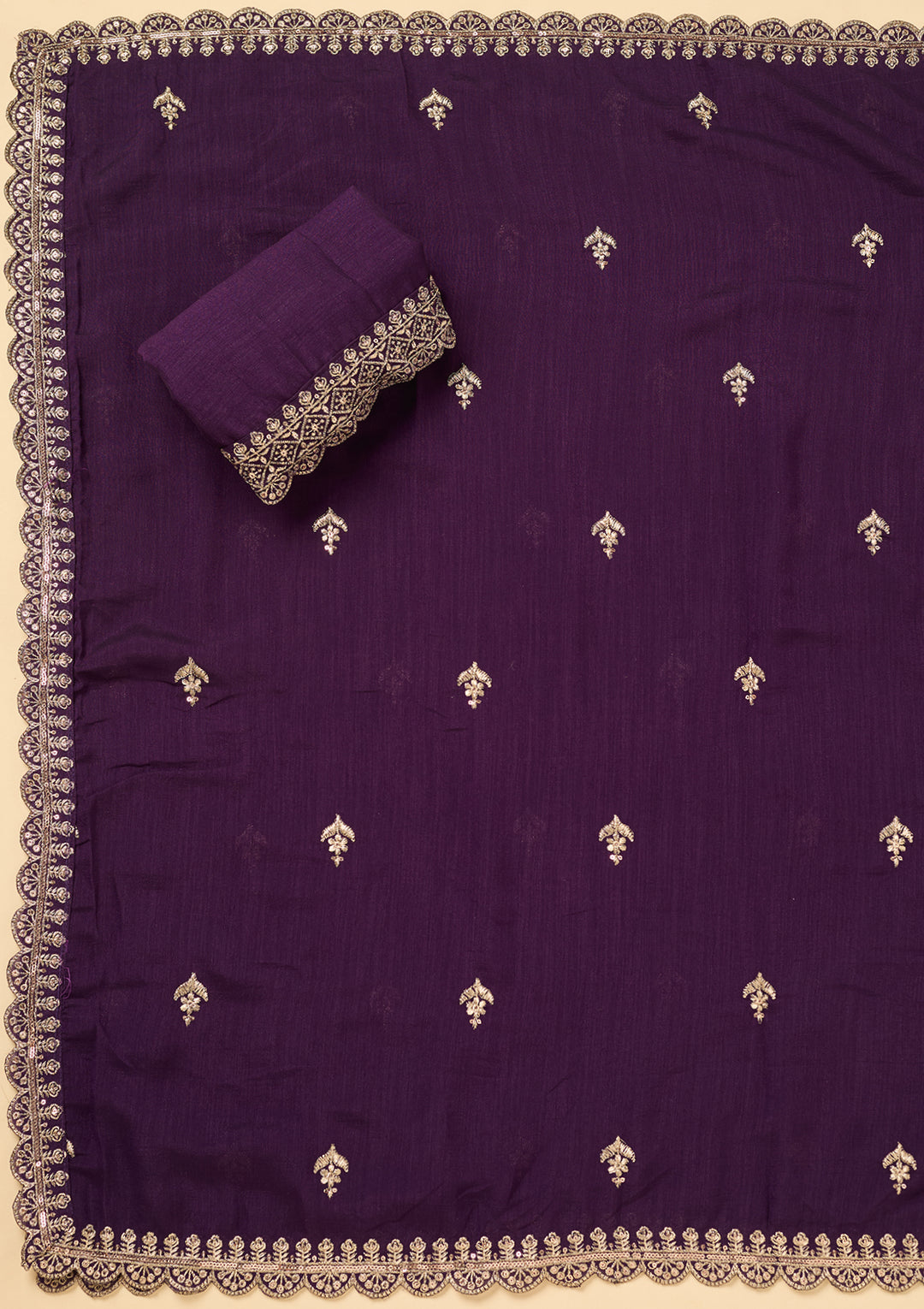 Purple Soft Raw Silk Antique Zariwork Unstitched Dress Material With Matching Bottom And Dupatta