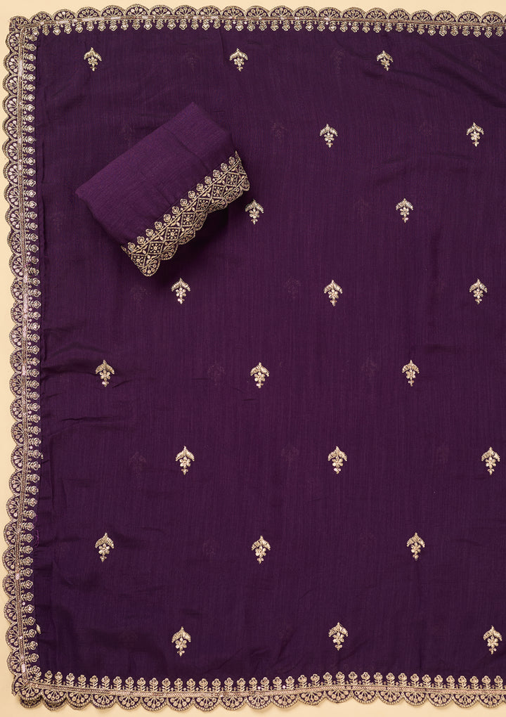 Purple Soft Raw Silk Antique Zariwork Unstitched Dress Material With Matching Bottom And Dupatta