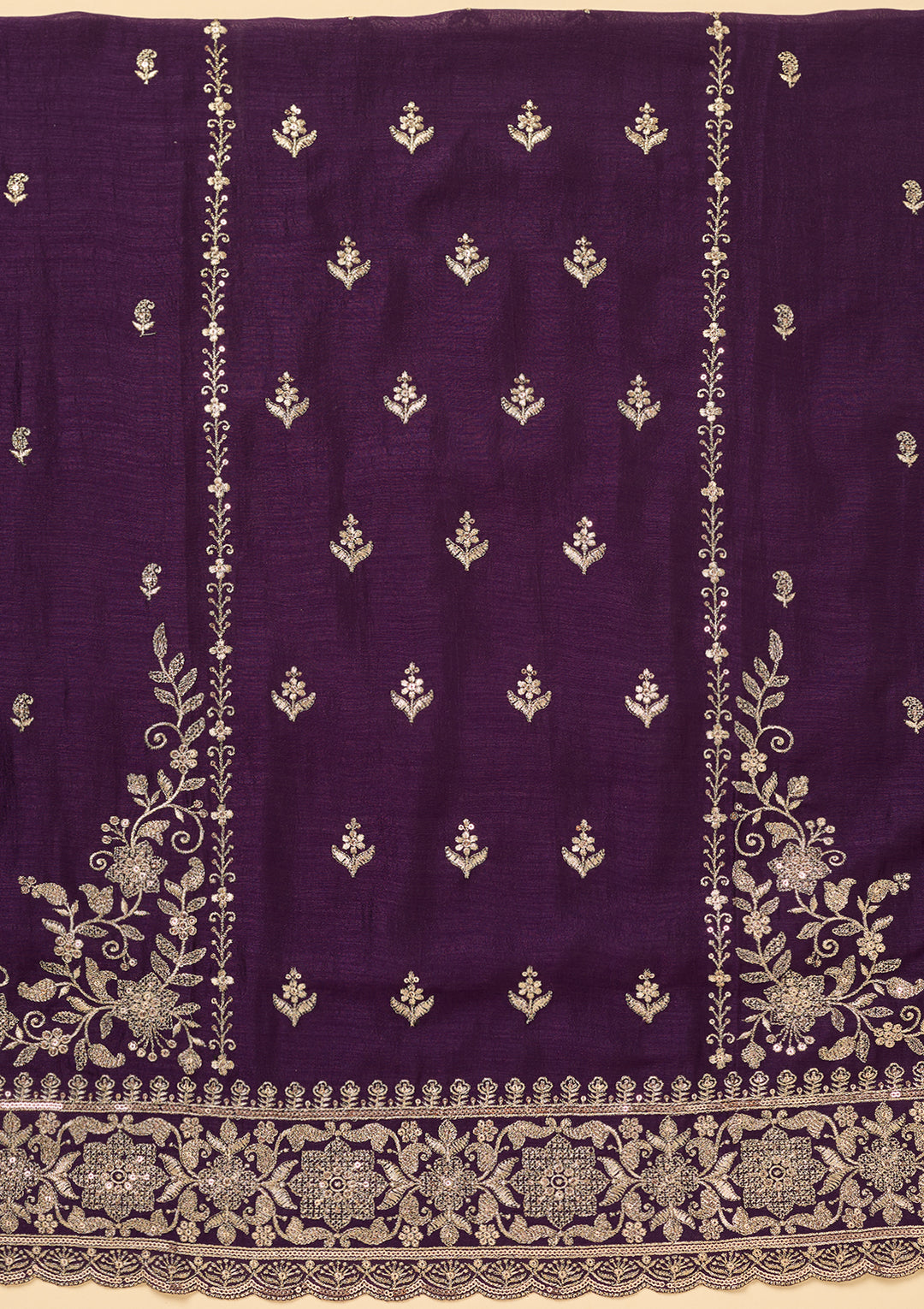 Purple Soft Raw Silk Antique Zariwork Unstitched Dress Material With Matching Bottom And Dupatta