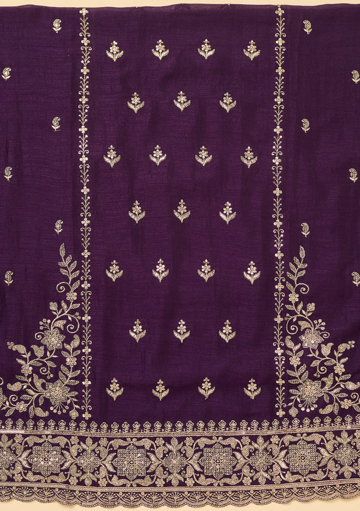 Purple Soft Raw Silk Antique Zariwork Unstitched Dress Material With Matching Bottom And Dupatta