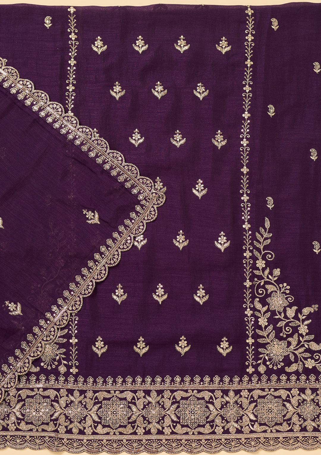 Purple Soft Raw Silk Antique Zariwork Unstitched Dress Material With Matching Bottom And Dupatta