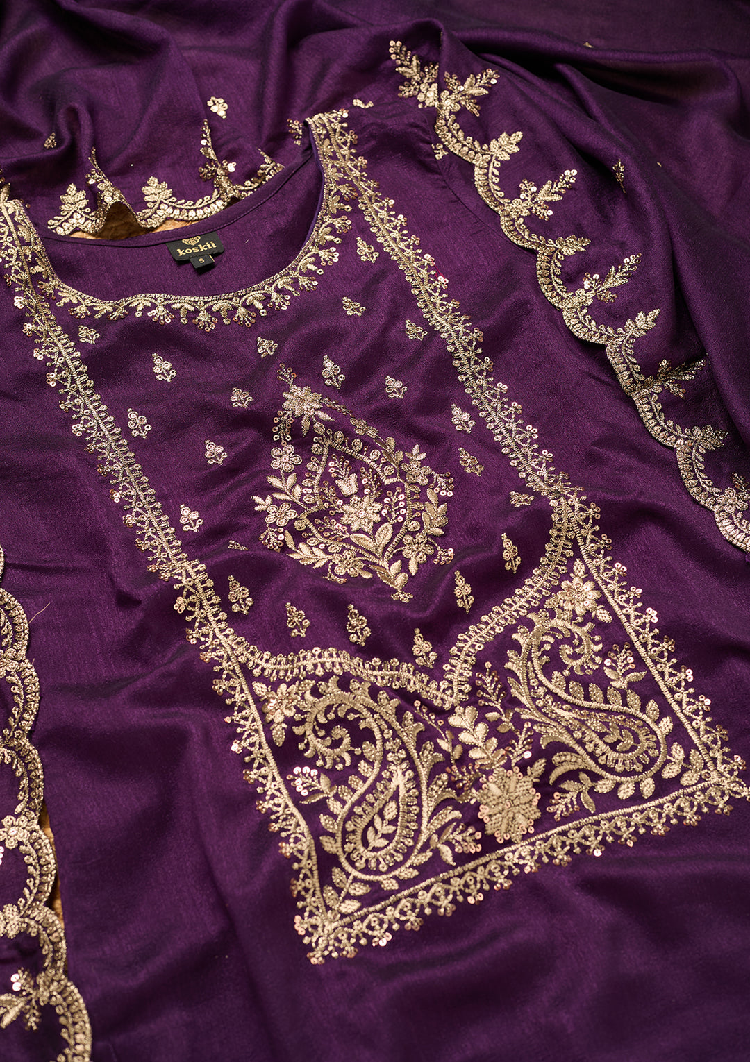 Purple Soft Raw Silk Antique Zariwork Straight Kurta With Sharara And Dupatta