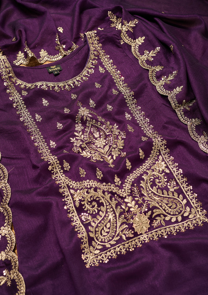 Purple Soft Raw Silk Antique Zariwork Straight Kurta With Sharara And Dupatta