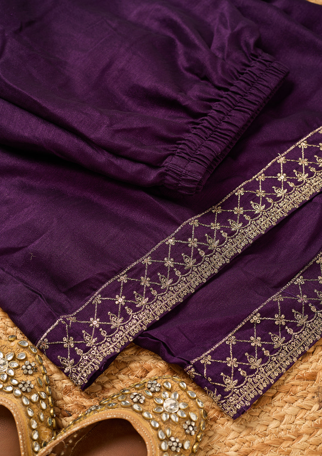 Purple Soft Raw Silk Antique Zariwork Straight Kurta With Sharara And Dupatta