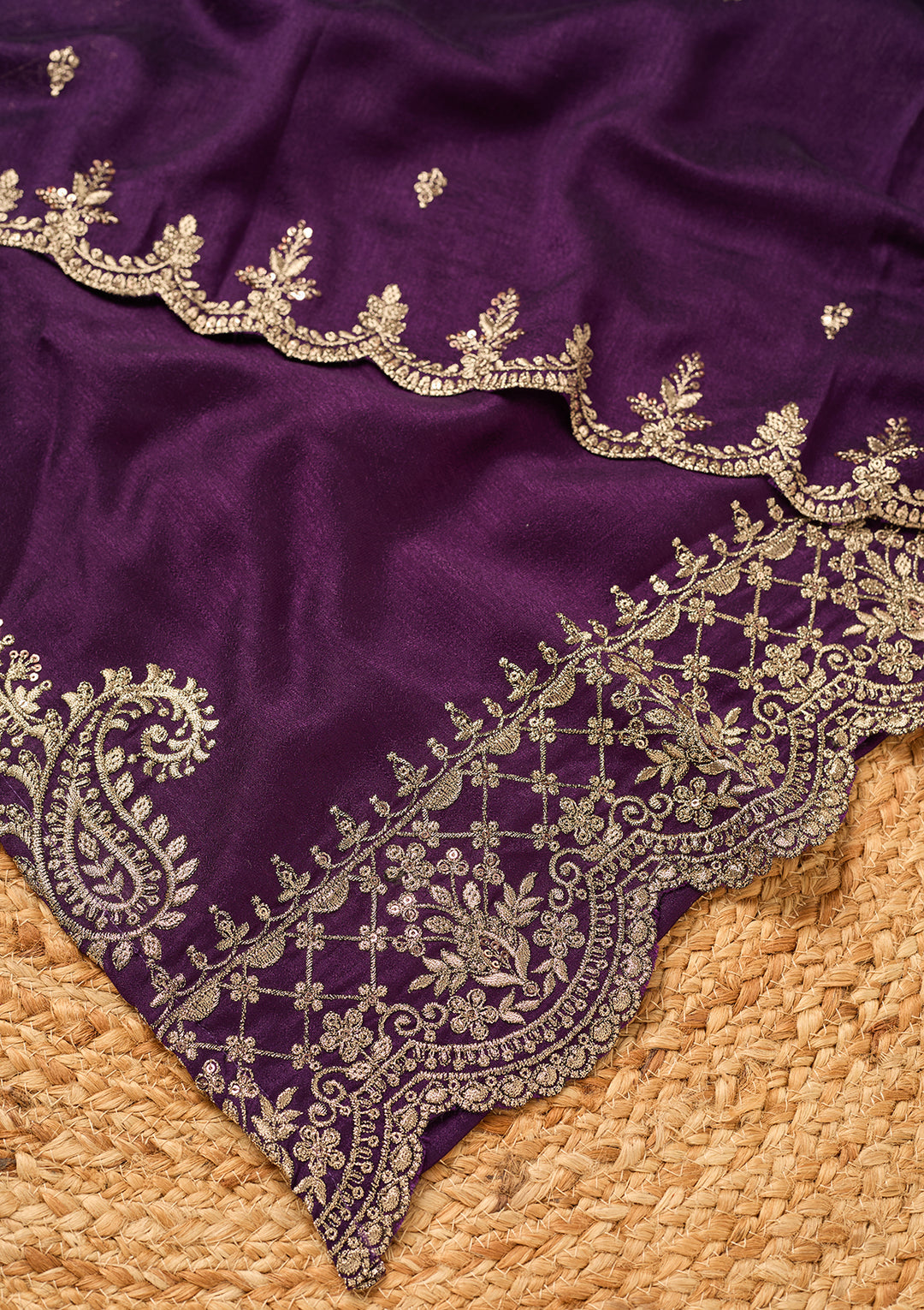 Purple Soft Raw Silk Antique Zariwork Straight Kurta With Sharara And Dupatta