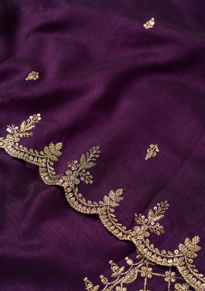 Purple Soft Raw Silk Antique Zariwork Straight Kurta With Sharara And Dupatta