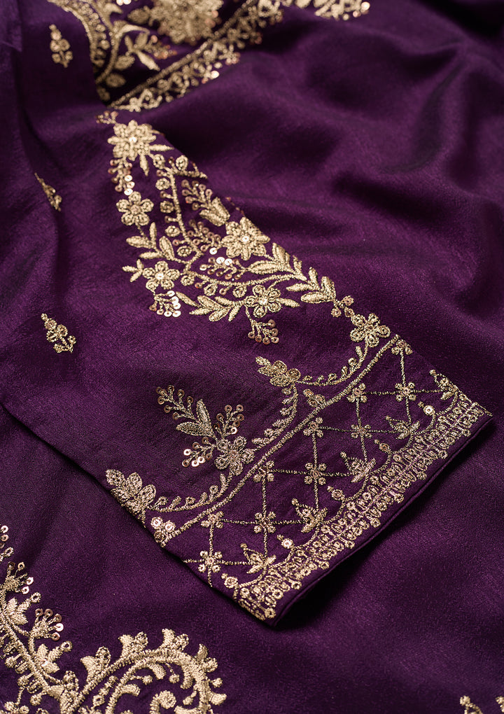 Purple Soft Raw Silk Antique Zariwork Straight Kurta With Sharara And Dupatta
