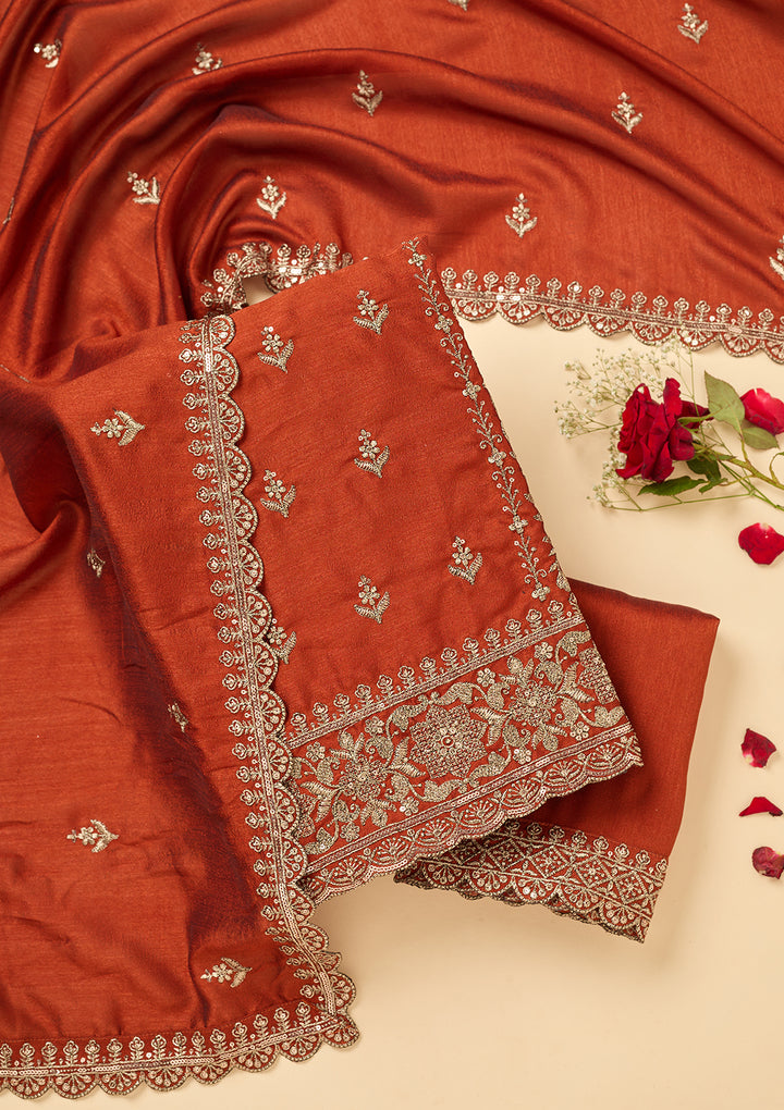 Rust Soft Raw Silk Antique Zardozi Unstitched Dress Material With Matching Bottom And Dupatta
