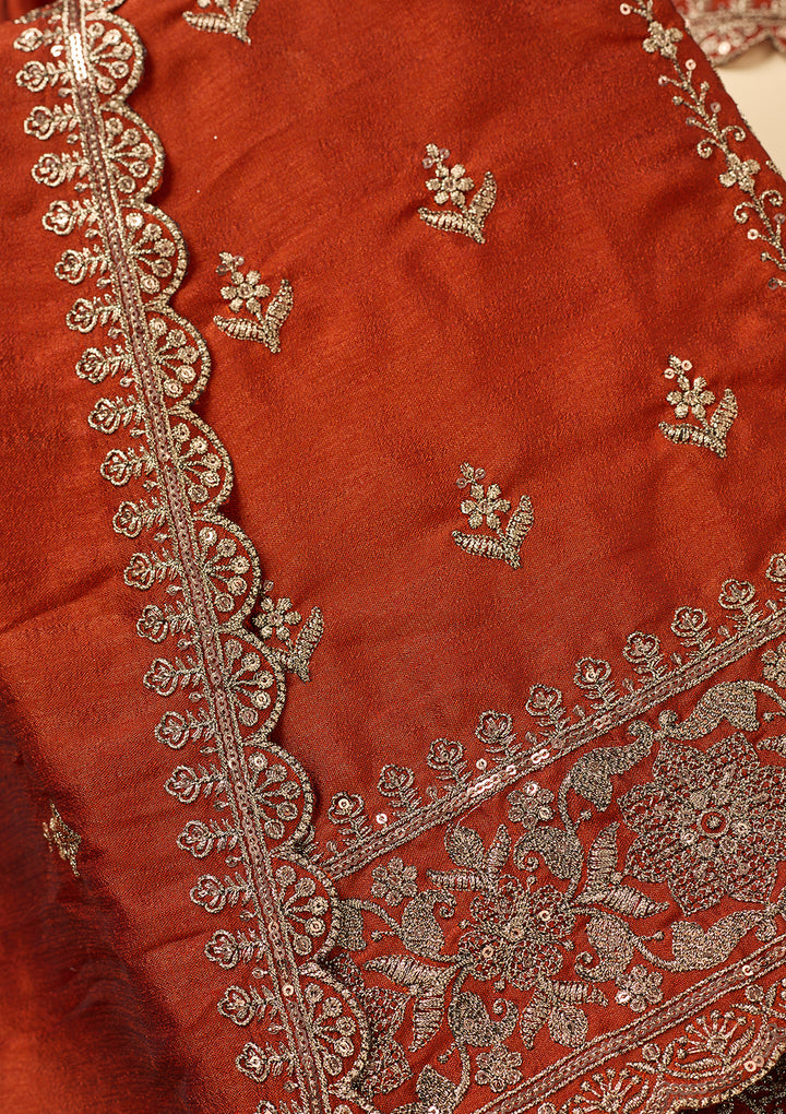 Rust Soft Raw Silk Antique Zardozi Unstitched Dress Material With Matching Bottom And Dupatta