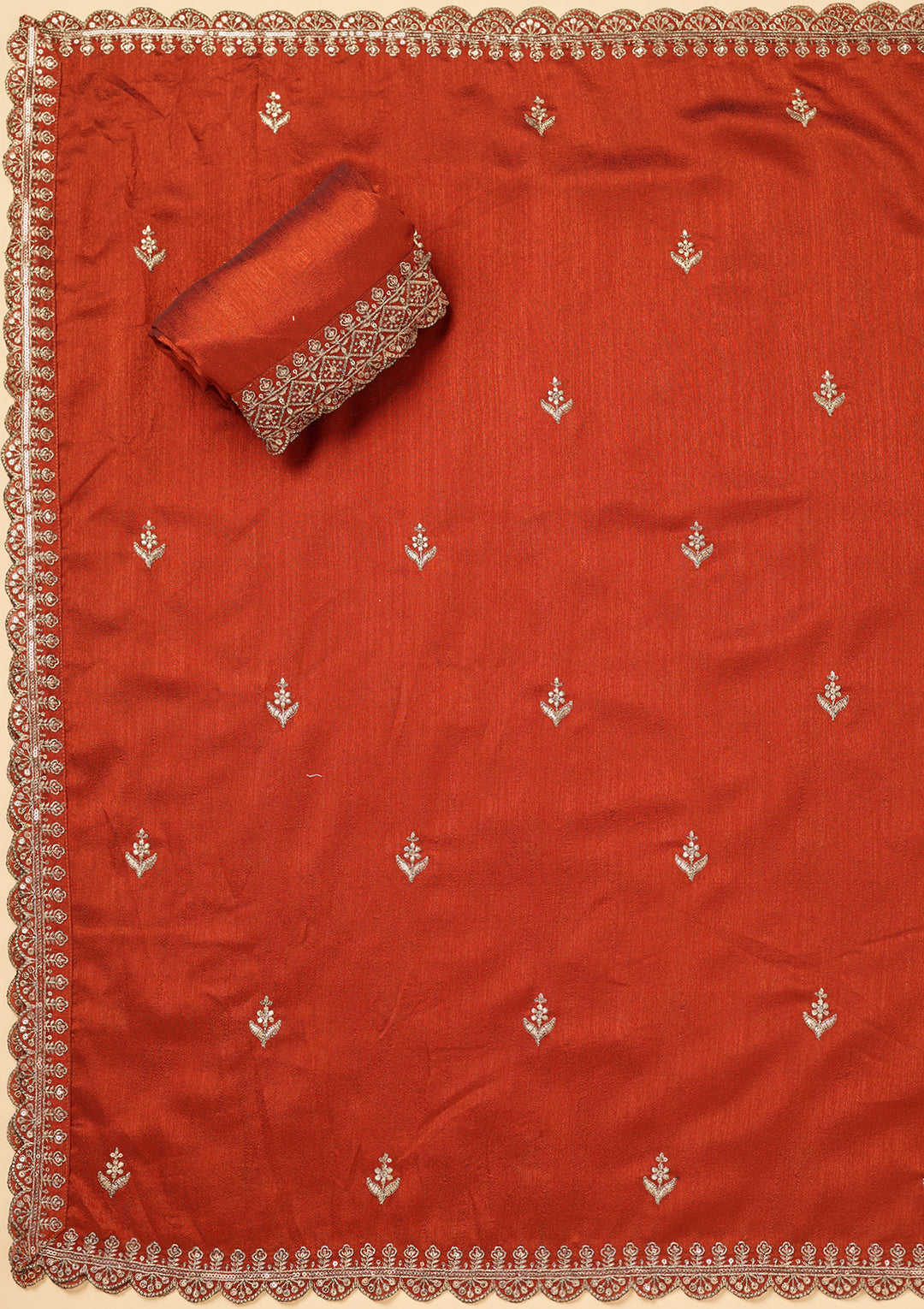 Rust Soft Raw Silk Antique Zardozi Unstitched Dress Material With Matching Bottom And Dupatta