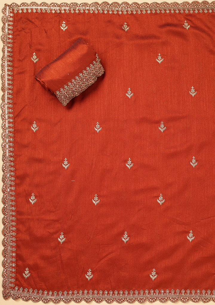 Rust Soft Raw Silk Antique Zardozi Unstitched Dress Material With Matching Bottom And Dupatta