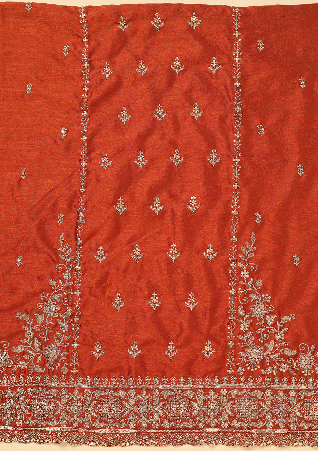 Rust Soft Raw Silk Antique Zardozi Unstitched Dress Material With Matching Bottom And Dupatta