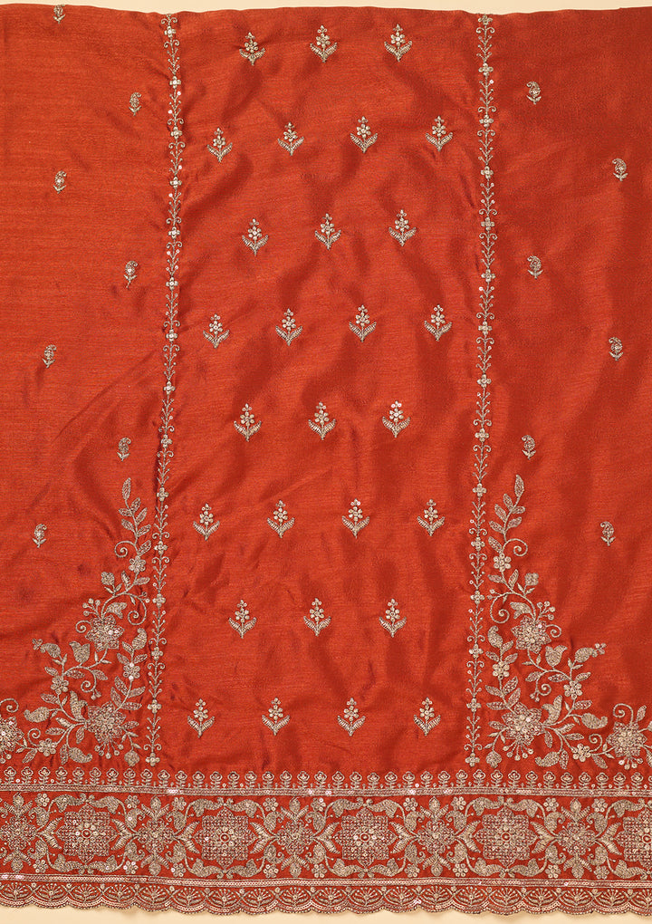 Rust Soft Raw Silk Antique Zardozi Unstitched Dress Material With Matching Bottom And Dupatta