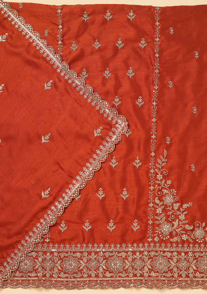 Rust Soft Raw Silk Antique Zardozi Unstitched Dress Material With Matching Bottom And Dupatta