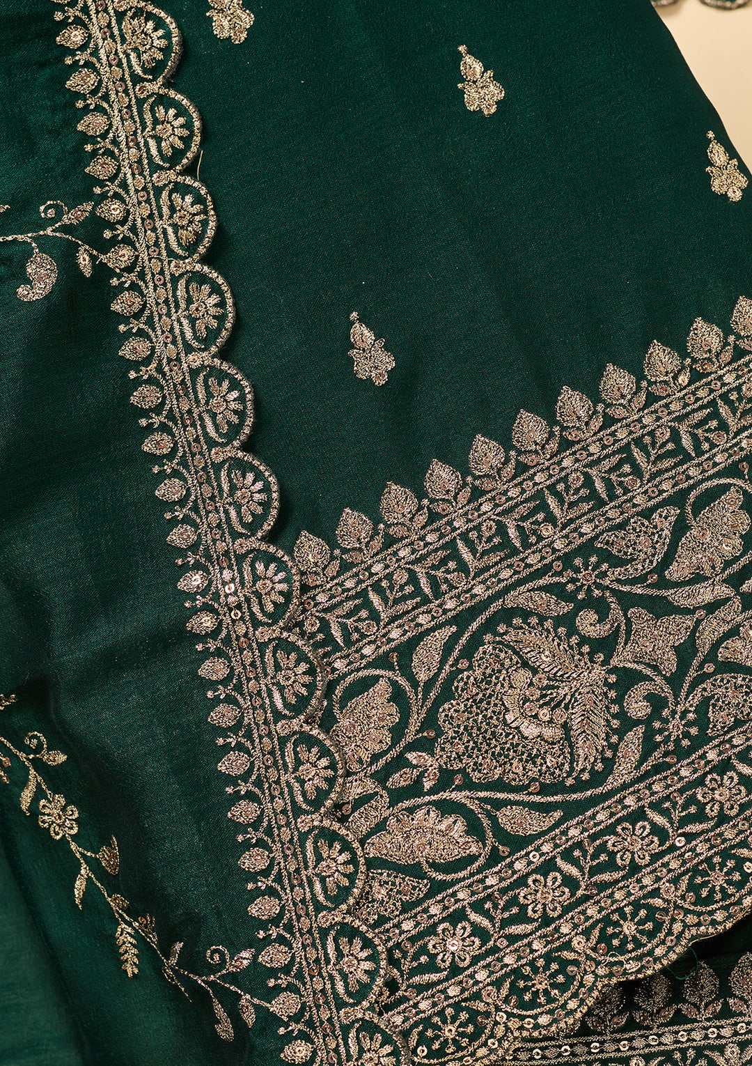 Bottle Green Soft Raw Silk Antique Zardozi Work Unstitched Dress Material With Matching Bottom And Dupatta