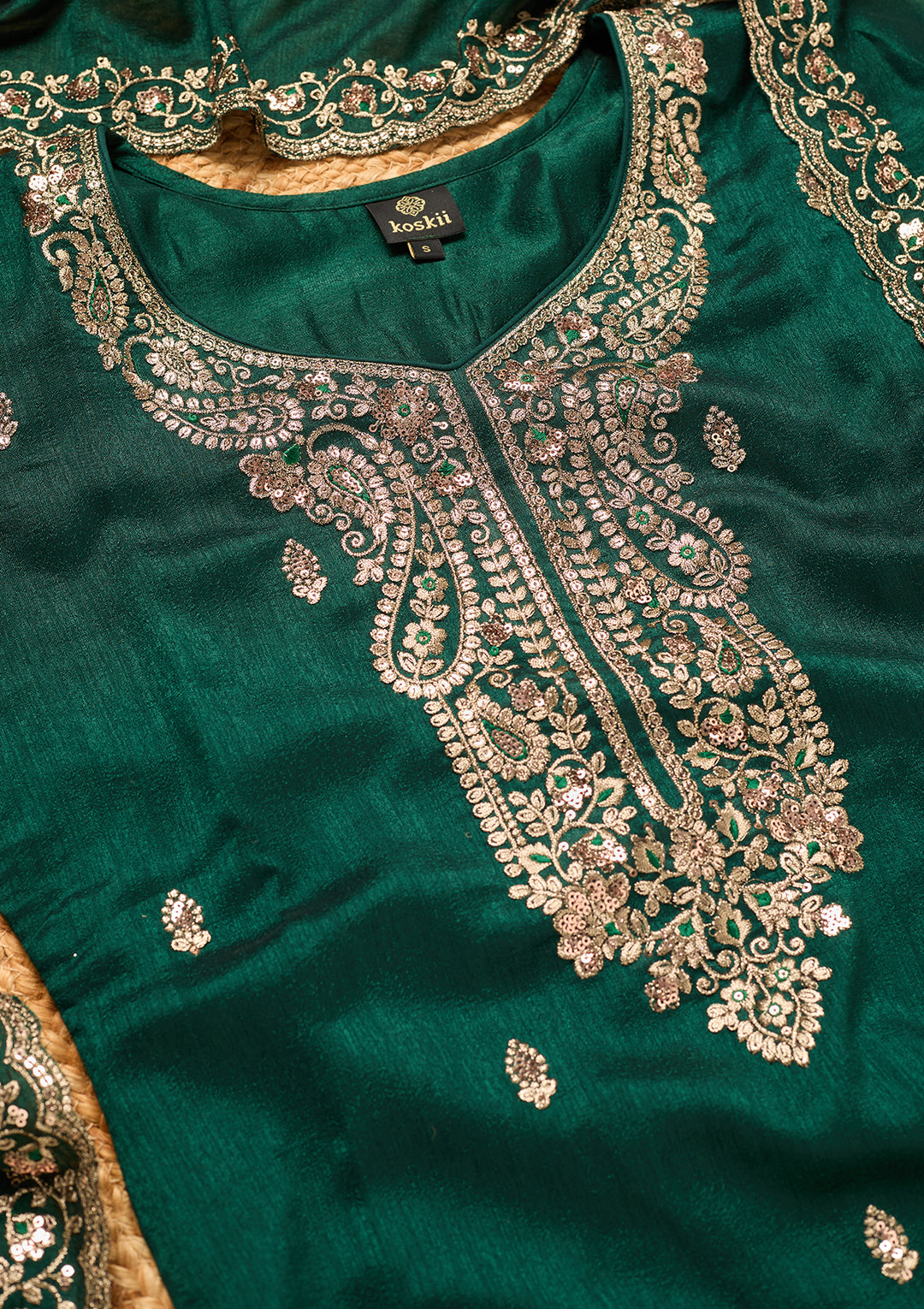 Bottle Green Soft Raw Silk Antique Zariwork Straight Kurta With Sharara And Dupatta