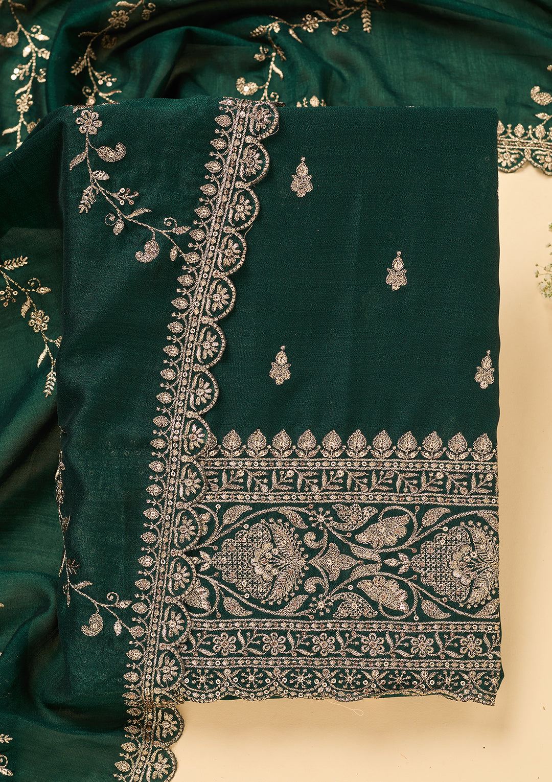 Bottle Green Soft Raw Silk Antique Zardozi Work Unstitched Dress Material With Matching Bottom And Dupatta
