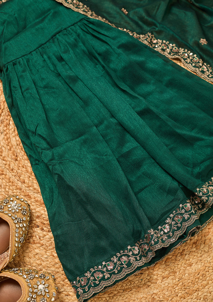 Bottle Green Soft Raw Silk Antique Zariwork Straight Kurta With Sharara And Dupatta