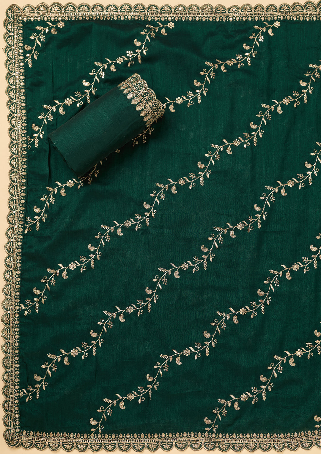 Bottle Green Soft Raw Silk Antique Zardozi Work Unstitched Dress Material With Matching Bottom And Dupatta