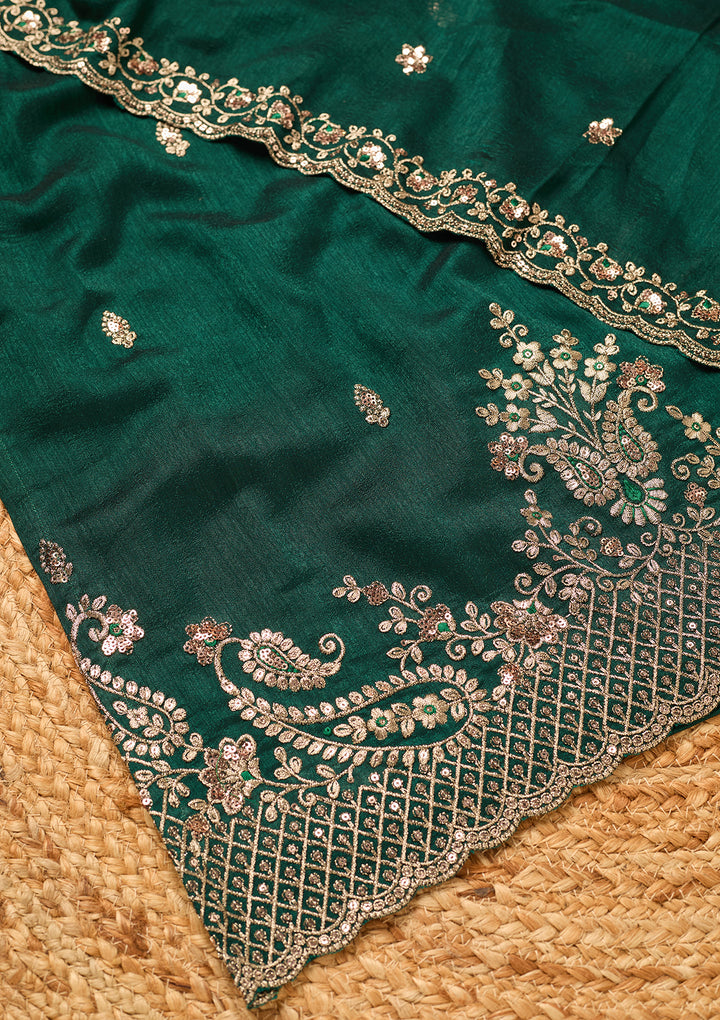 Bottle Green Soft Raw Silk Antique Zariwork Straight Kurta With Sharara And Dupatta