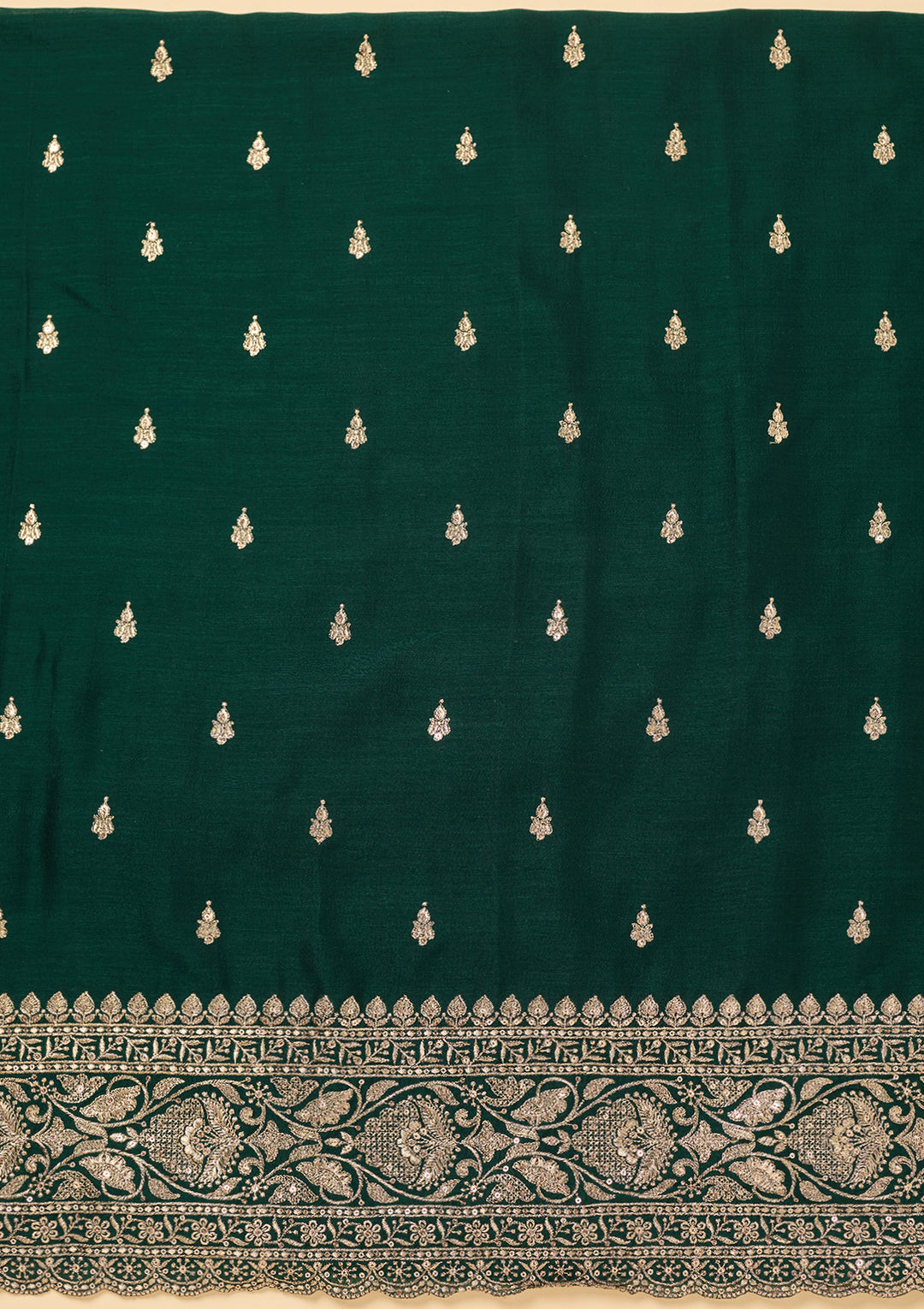 Bottle Green Soft Raw Silk Antique Zardozi Work Unstitched Dress Material With Matching Bottom And Dupatta
