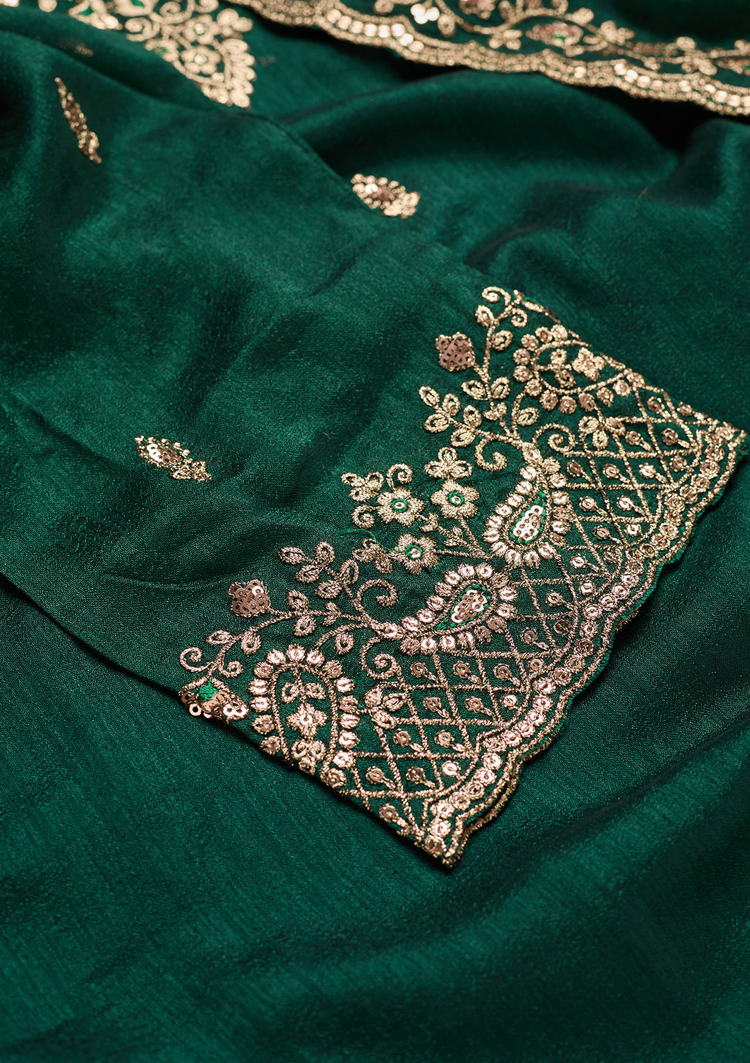 Bottle Green Soft Raw Silk Antique Zariwork Straight Kurta With Sharara And Dupatta