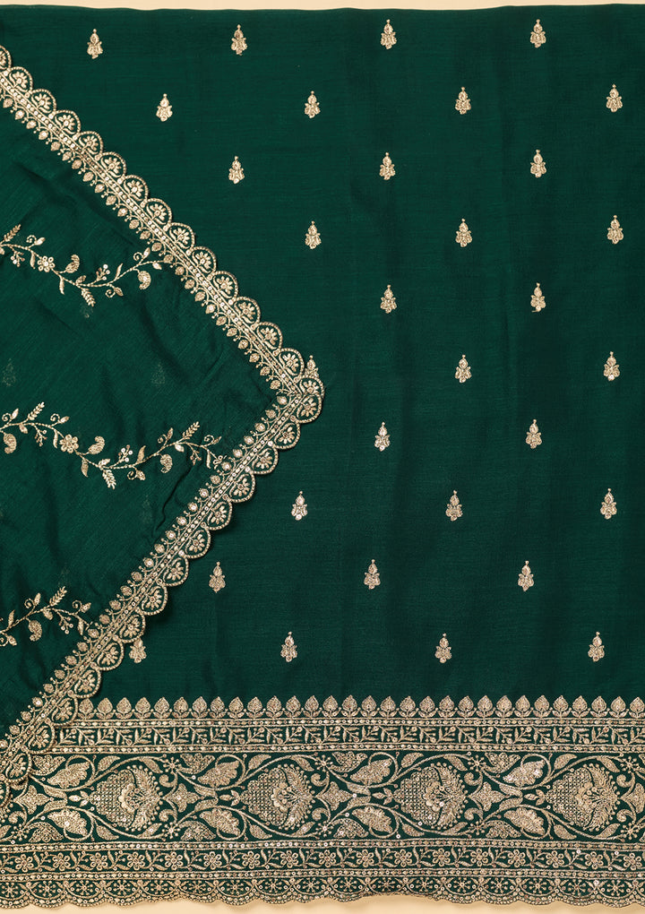 Bottle Green Soft Raw Silk Antique Zardozi Work Unstitched Dress Material With Matching Bottom And Dupatta