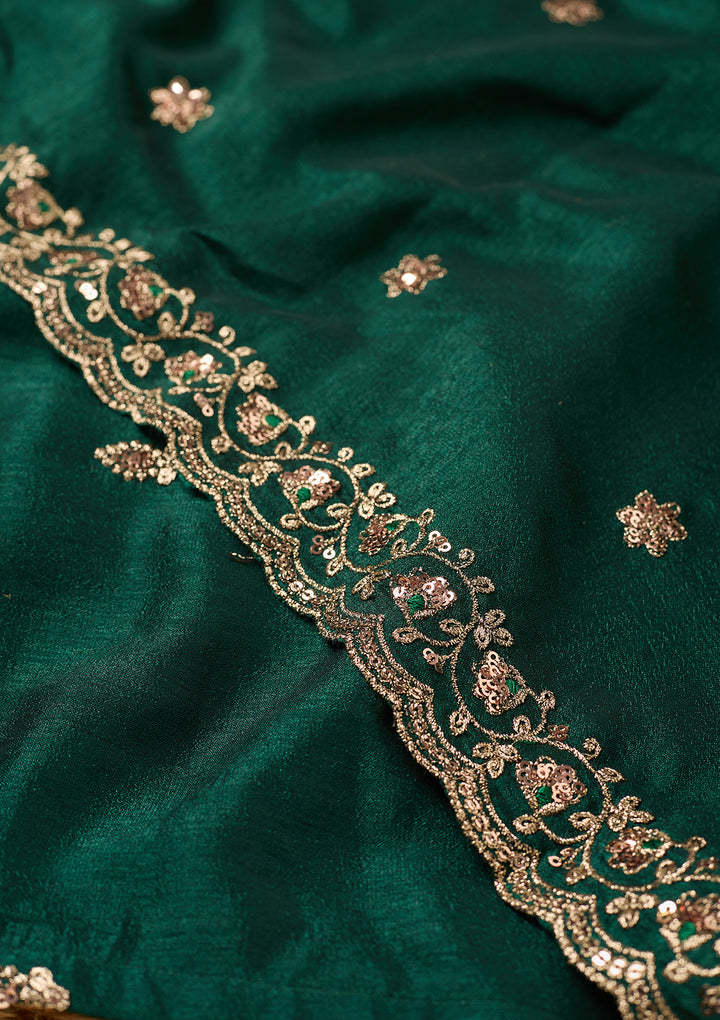 Bottle Green Soft Raw Silk Antique Zariwork Straight Kurta With Sharara And Dupatta