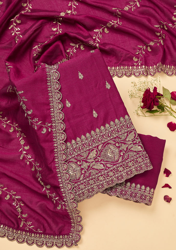 Wine Soft Raw Silk Antique Zardozi Work Unstitched Dress Material With Matching Bottom And Dupatta