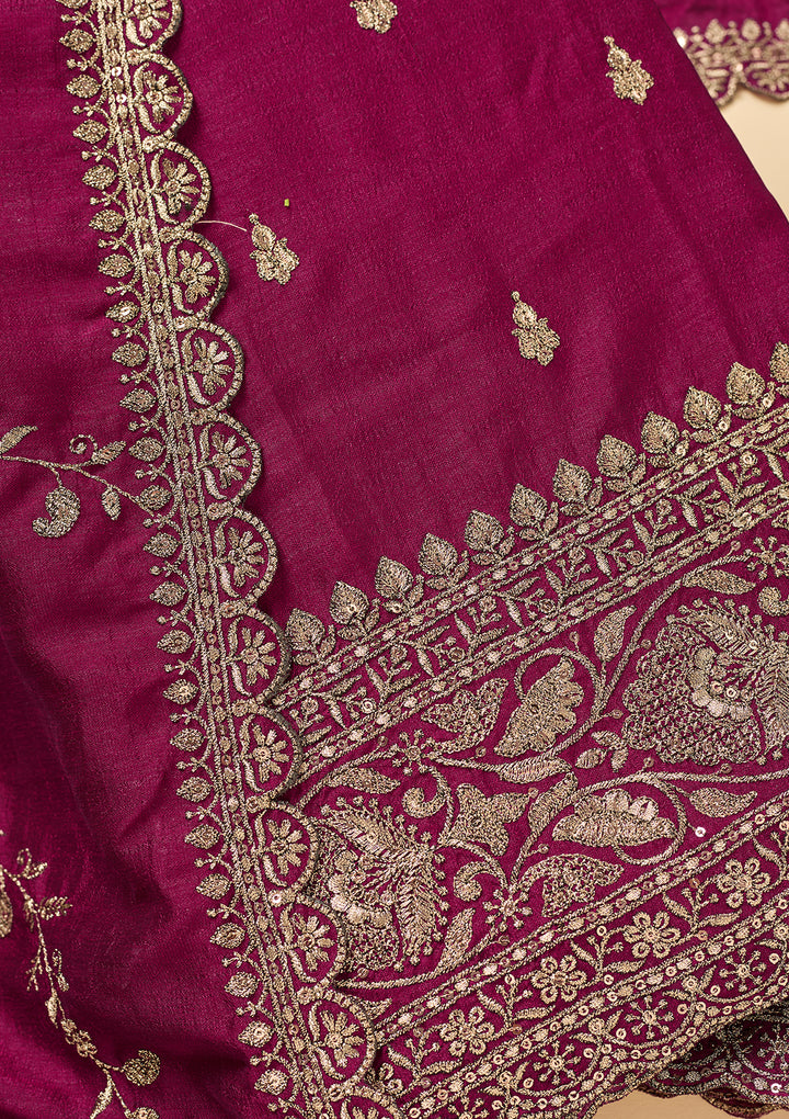 Wine Soft Raw Silk Antique Zardozi Work Unstitched Dress Material With Matching Bottom And Dupatta