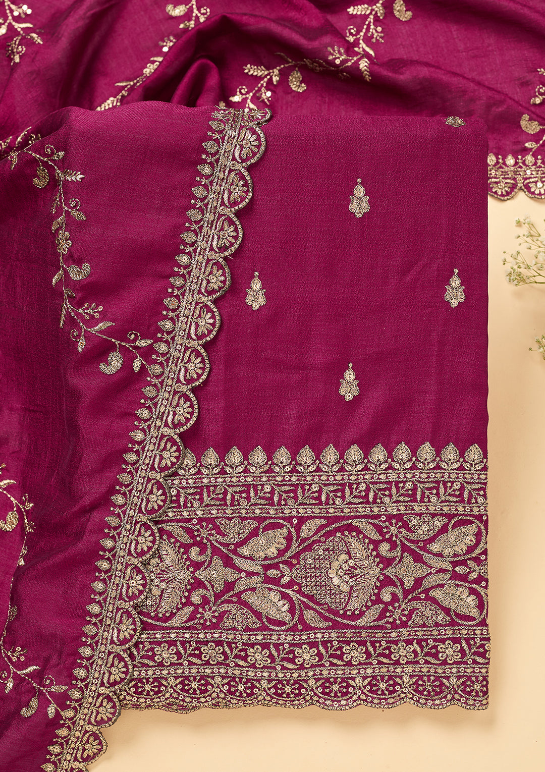 Wine Soft Raw Silk Antique Zardozi Work Unstitched Dress Material With Matching Bottom And Dupatta