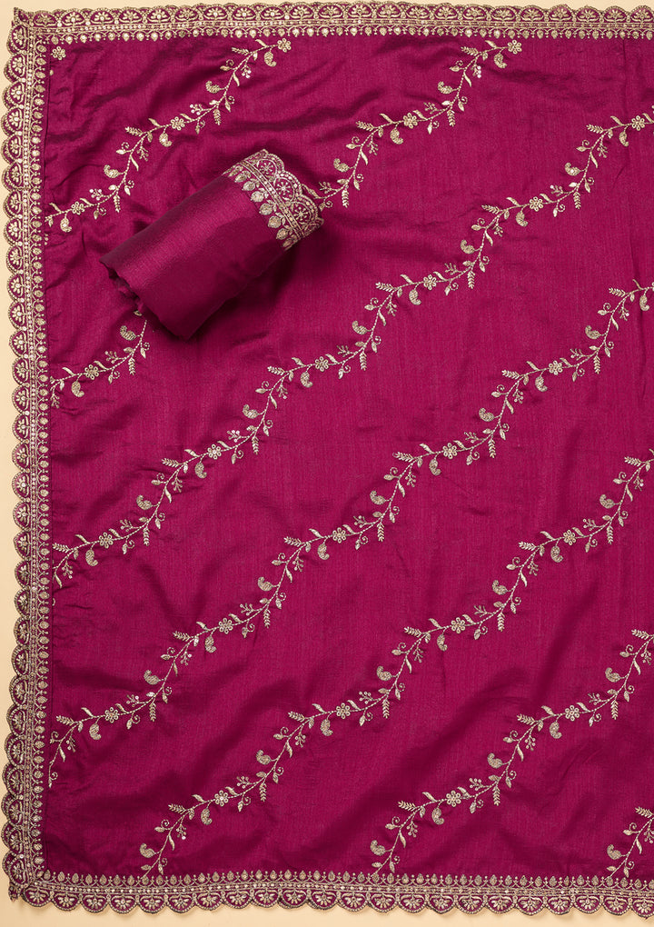 Wine Soft Raw Silk Antique Zardozi Work Unstitched Dress Material With Matching Bottom And Dupatta