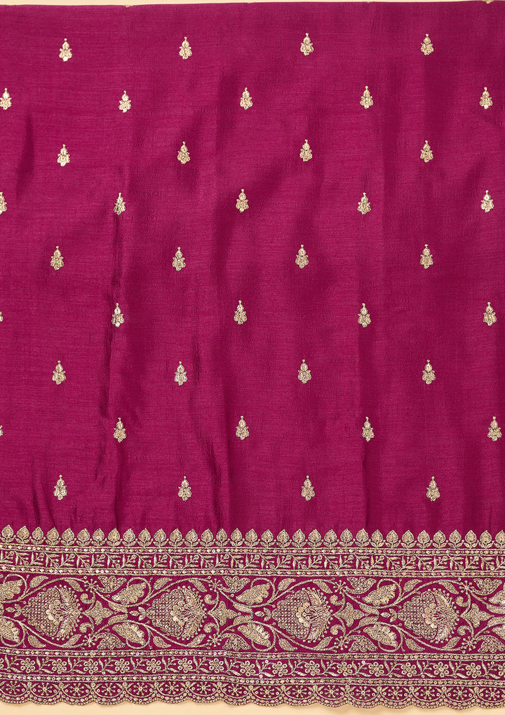 Wine Soft Raw Silk Antique Zardozi Work Unstitched Dress Material With Matching Bottom And Dupatta