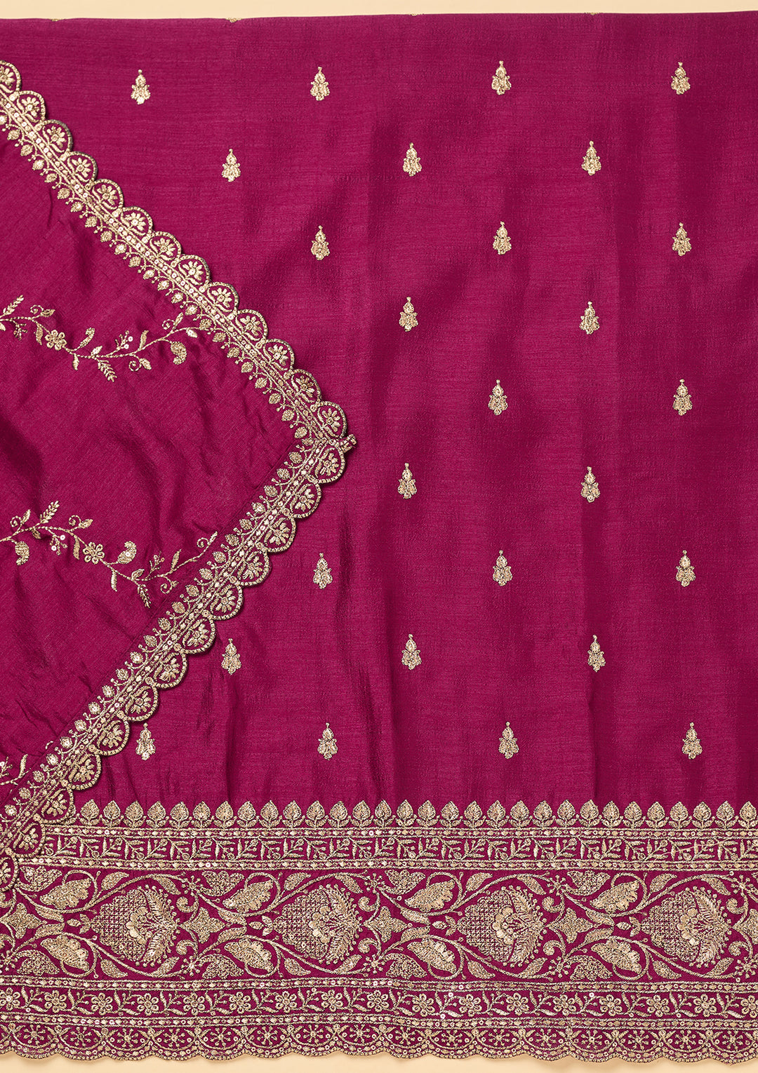 Wine Soft Raw Silk Antique Zardozi Work Unstitched Dress Material With Matching Bottom And Dupatta