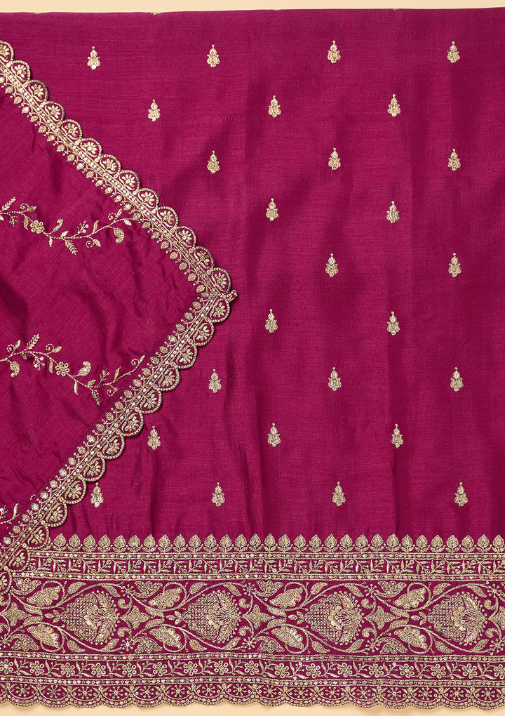 Wine Soft Raw Silk Antique Zardozi Work Unstitched Dress Material With Matching Bottom And Dupatta