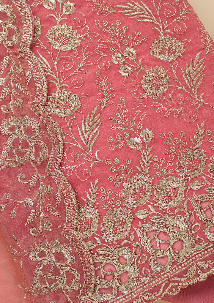 Onion Pink Zariwork (Gold) Tissue Unstitched Salwar Suit
