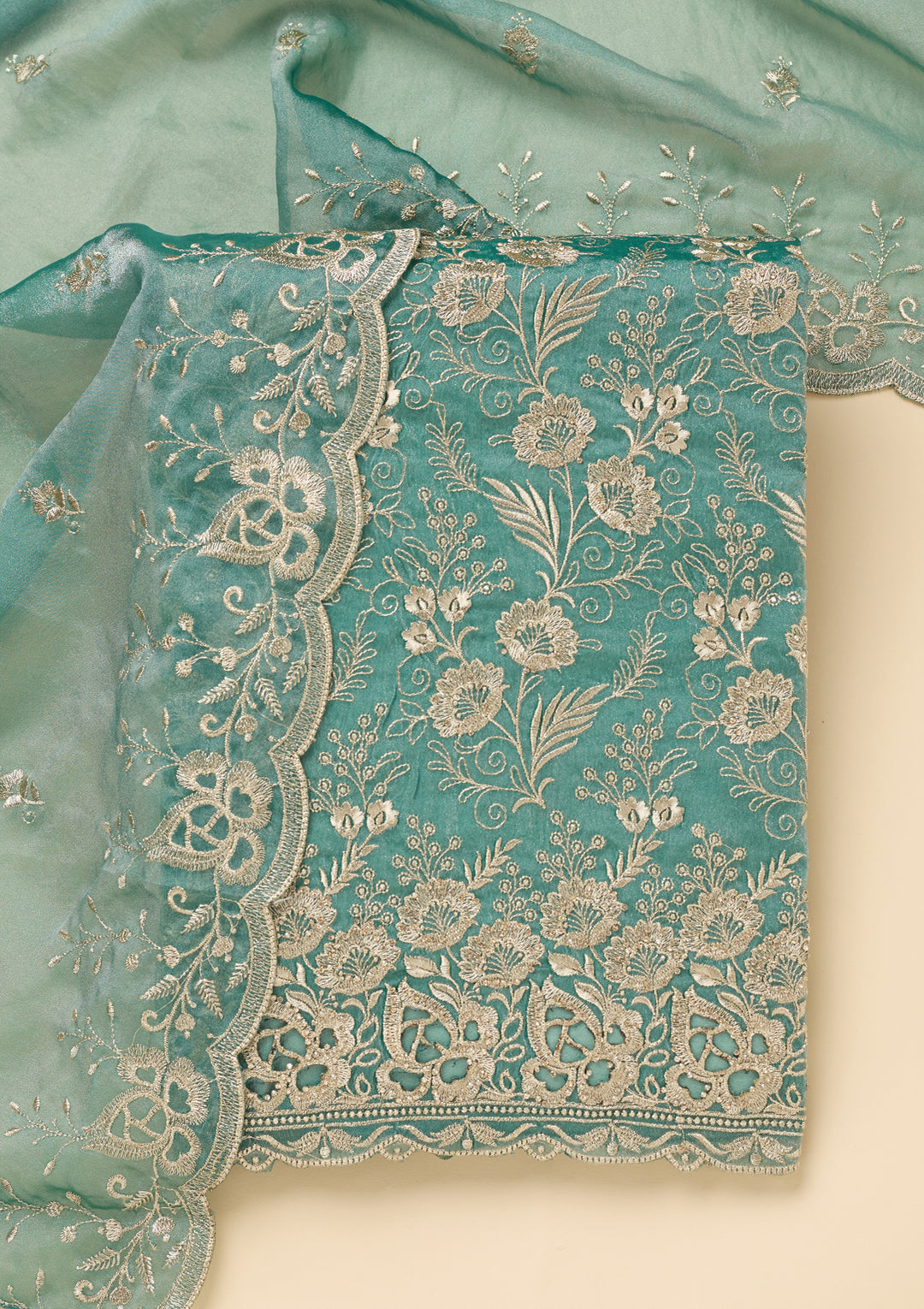 Sea Green Zariwork (Gold) Tissue Unstitched Salwar Suit