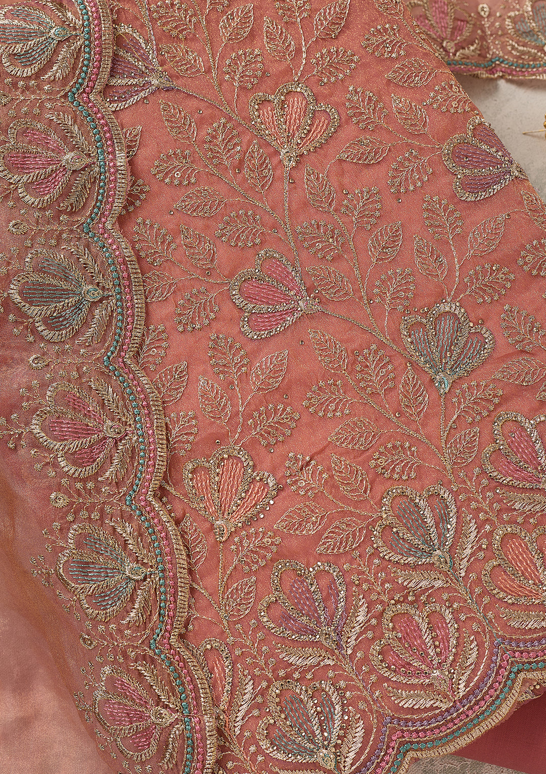 Peach Zardozi (Gold) Shimmer Unstitched Salwar Suit