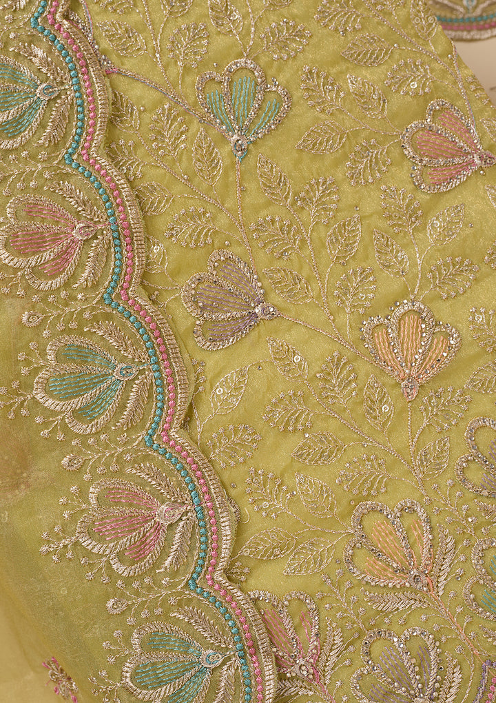 Pista Green Zardozi (Gold) Shimmer Unstitched Salwar Suit