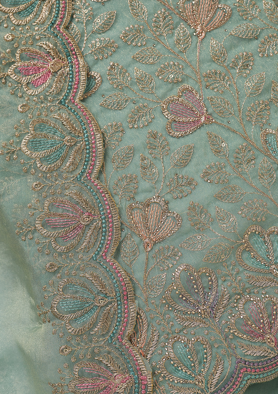 Sky Blue Zardozi (Gold) Shimmer Unstitched Salwar Suit
