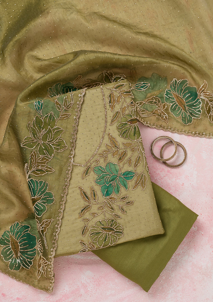 Mehandi Green Tissue Gold Stonework Unstitched Dress Material With Matching Bottom And Dupatta
